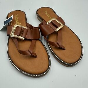 Toscanella Women Cognac Brown Studded Leather Sandals Gold Buckle NWT | 7.5